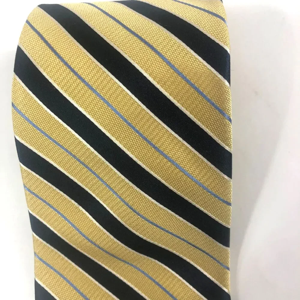 Tommy Hilfiger Vintage 100% Silk Tie Gold & Navy Blue Stripe Made in USA